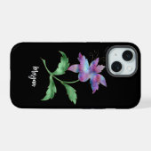 黒地に虹色の花、名前の筆記体 iPhone 15ケース (裏面横)
