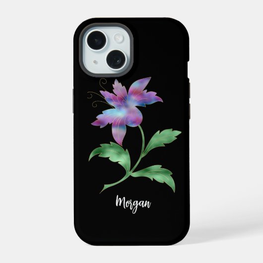 黒地に虹色の花、名前の筆記体 iPhone 15ケース (裏面)