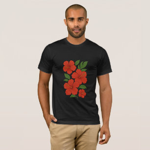 黒地に赤いハイビスカス - トロピカルエレガンス Tシャツ