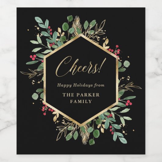 黒地に金箔の葉飾り | クリスマス おめでとうございます ワインラベル (シングルラベル)