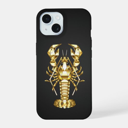 黒地に金色の多角形ロブスター・エビ iPhone 15ケース (裏面)