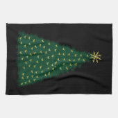 黒地に金色の疾走馬が飾られた緑のクリスマスツリー キッチンタオル (横)