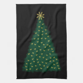 黒地に金色の疾走馬が飾られた緑のクリスマスツリー キッチンタオル