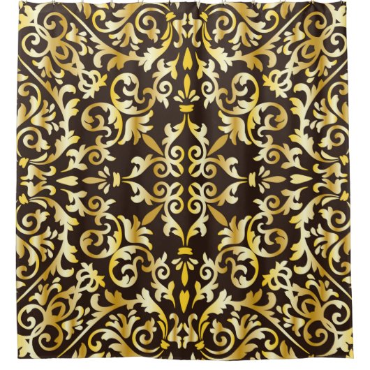 黒地に金色の継ぎ目のない模様 シャワーカーテン (正面)