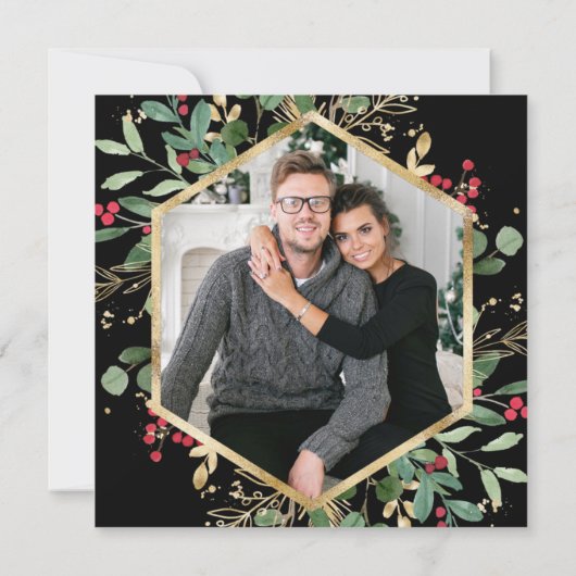 黒地に金色の緑 |クリスマスの休日の写真 セーブザデート (裏面)