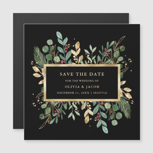 黒地に金色の緑 |クリスマス日付の保存 マグネット招待状 (正面/裏面)