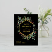 黒地に金色の緑 |クリスマス日付の保存 箔招待状ポストカード (立ち正面)
