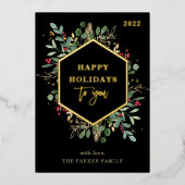 黒地に金色の緑 |ハッピーホリデー金ゴールド 箔シーズンカード (正面)