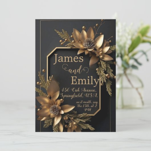 黒地に金色の緑 |結婚式の招待状 シーズンカード (スタンド正面)