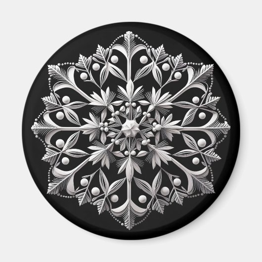 黒地に銀の雪の結晶 マグネット (正面)