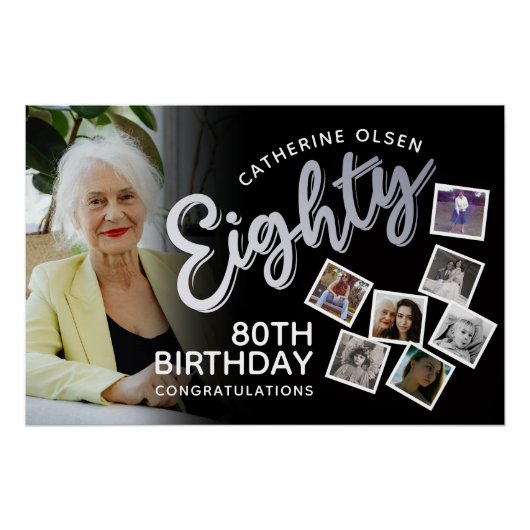 黒地に銀の80歳の誕生日お祝い 8枚の写真 ポスター (正面)