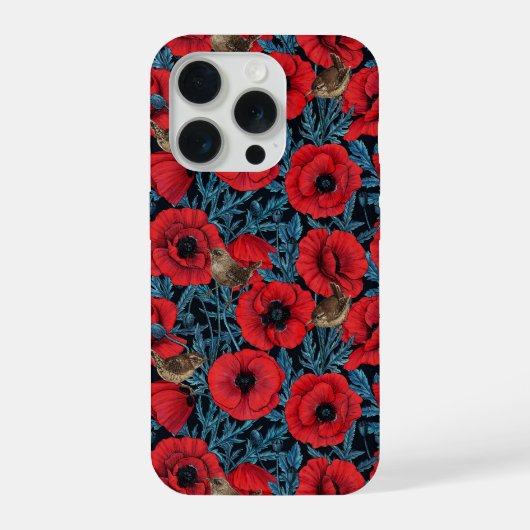 黒地に青い葉と赤いポピーとミソサザイ iPhoneケース (裏面)