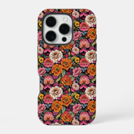 黒地に鮮やかな花柄のビンテージ調デザイン iPhone 16 PROケース