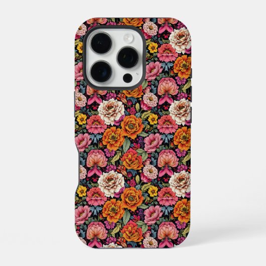 黒地に鮮やかな花柄のビンテージ調デザイン iPhoneケース (裏面)