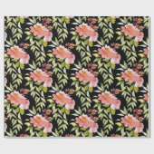 黒地に鮮やかな赤い花のグリーン ラッピングペーパー (フラット)