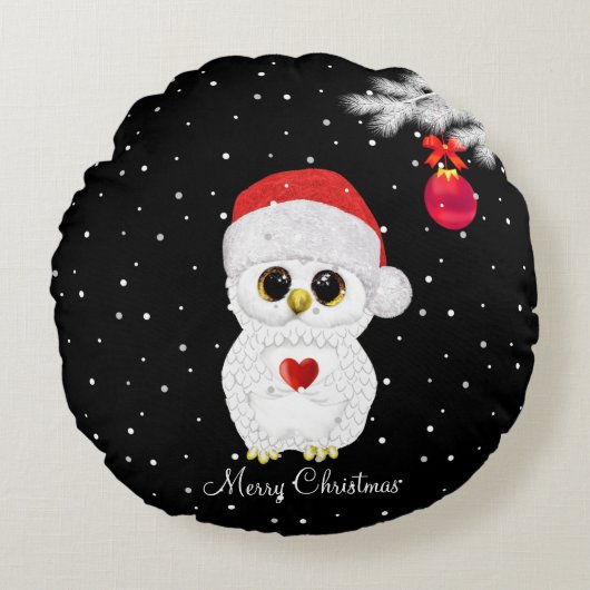 黒地のかわいいクリスマスふくろう ラウンドクッション (正面)