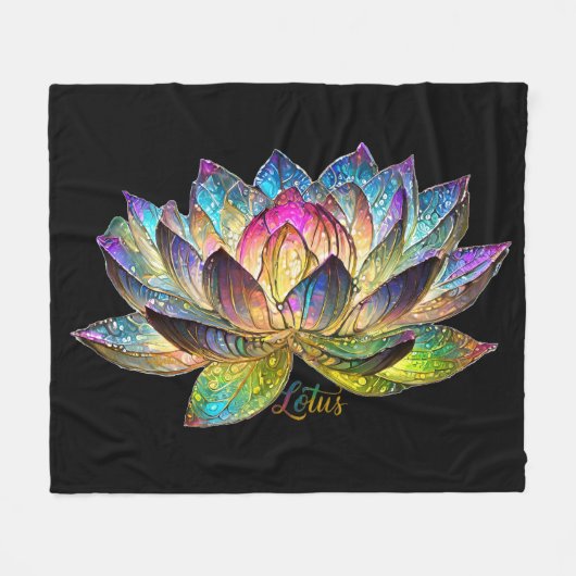 黒地のカラフルな蓮の花のステンドグラス フリースブランケット (正面(横))