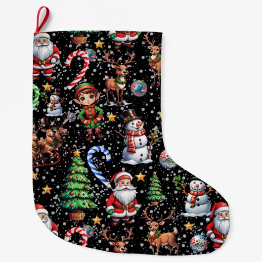 黒地のクリスマス模様 ラージクリスマスストッキング (正面)