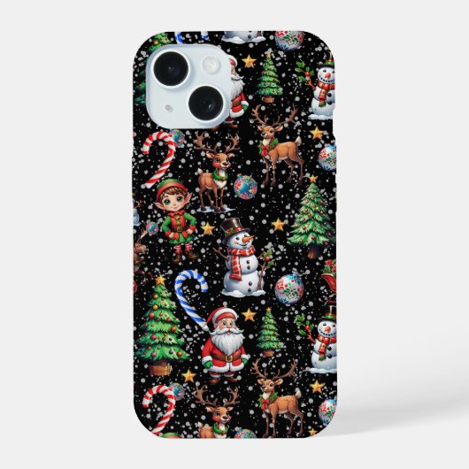 黒地のクリスマス模様 iPhone 15ケース (裏面)
