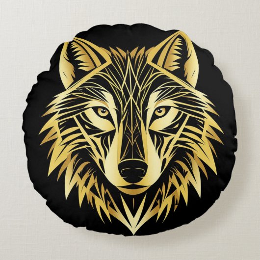 黒地の幾何学ゴールドウルフヘッド 🐺 ラウンドクッション (正面)