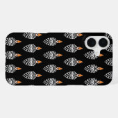 黒地の幾何学的なヤツガシラ鳥柄 iPhoneケース (裏面横)