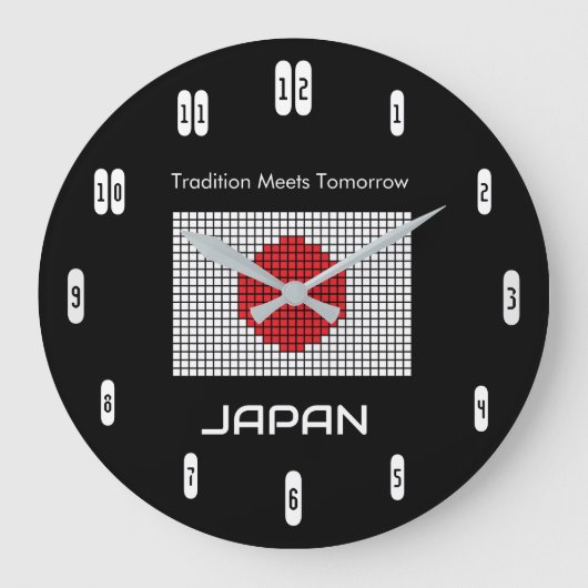 黒地の日本国旗 – 斬新なミニマリスト ラージ壁時計 (正面)