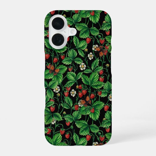 黒地の野生のイチゴ iPhone 16ケース (裏面)
