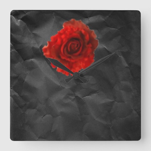 黒壁の時計に赤いバラが咲いた スクエア壁時計 (正面)
