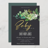 黒多肉茎水彩赤ちゃんシャワー 招待状 (正面/裏面)