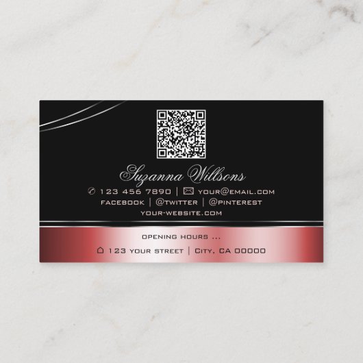 黒大切色の赤い曲線のデコ線とQRコード 名刺 (裏面)