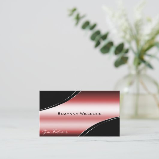 黒大切色の赤い曲線のデコ線とQRコード 名刺 (スタンド正面)