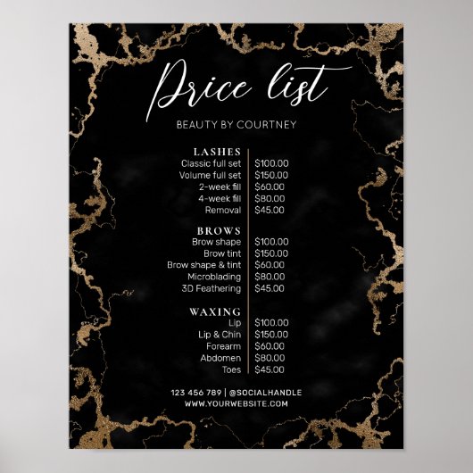 黒大理石および金ゴールドエレガントの価格表 ポスター (正面)