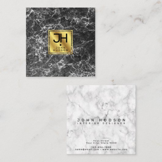 黒大理石と金ゴールドモダンモノグラムスクエアブシン スクエア名刺 (正面/裏面)