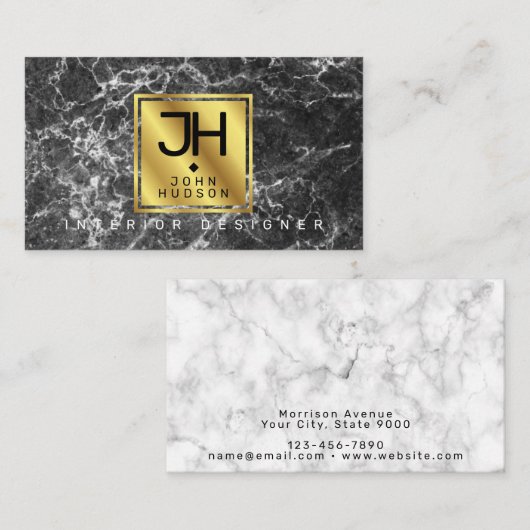 黒大理石と金ゴールドモダンモノグラムビジネスカー 名刺 (正面/裏面)