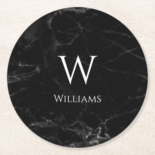 黒大理石のモノグラム白エレガントモダン名 ラウンドペーパーコースター (正面)