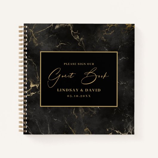 黒大理石アゲート縁ど結婚金ゴールドズゲストブック ノートブック (正面)