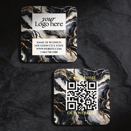 黒大理石カスタムのロゴとQRコード スクエア名刺