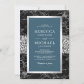 黒大理石シルバーほこりっぽいブルーQRコード結婚ズ 招待状 (正面)