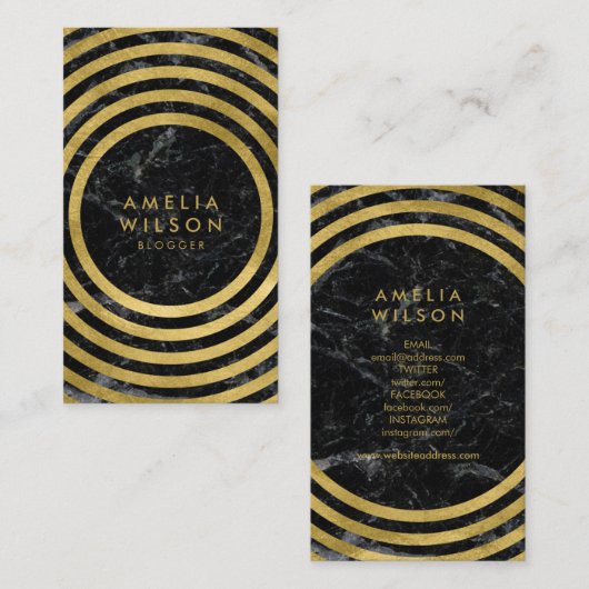 黒大理石フェイク金ゴールド丸線ソーシャルメディア 名刺 (正面/裏面)
