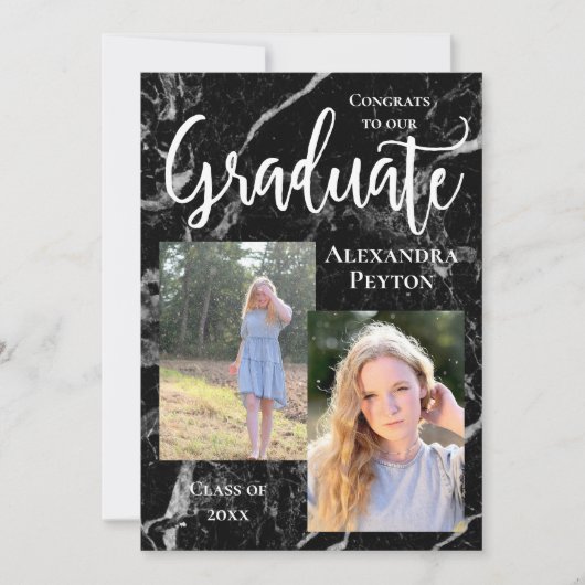 黒大理石ホワイトスクリプトフォト卒業 招待状 (正面)