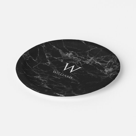 黒大理石モノグラムモダン白エレガント名 ペーパープレート (アングル)