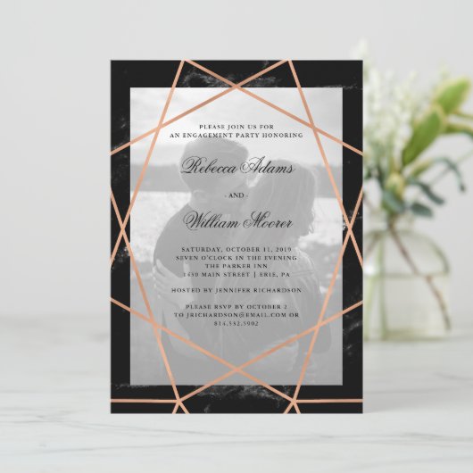 黒大理石上のジオメトリ|フォト婚約パーティ 招待状 (スタンド正面)