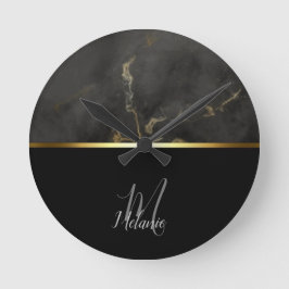 黒大理石金ゴールドモノグラム ラウンド壁時計