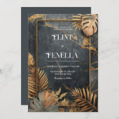 黒大理石 ゴールド箔 熱帯の葉 現代のウェディング 招待状 (正面/裏面)