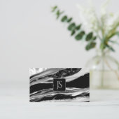 黒大理石、銀と真珠の母 名刺 (スタンド正面)