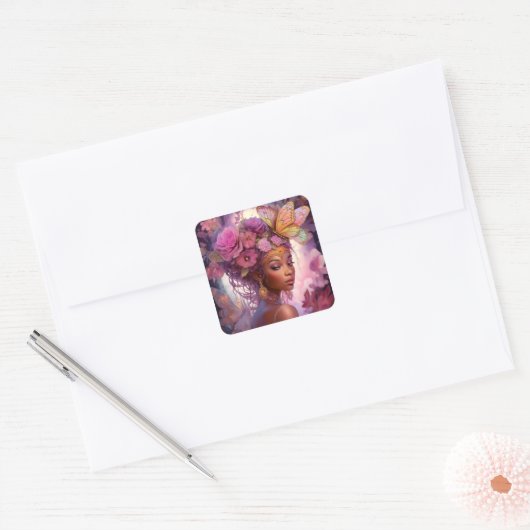 黒女神ピンクパープルファンタジーアート スクエアシール (封筒)