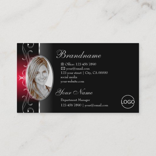 黒威厳のある赤角の宝石のロゴと写真 名刺 (裏面)