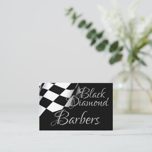 黒市松模様に理容師 名刺 (スタンド正面)