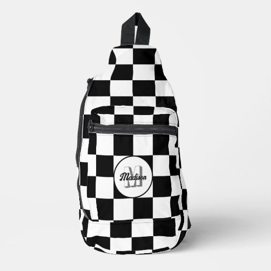 黒市松模様に白の幾何学的レトロモノグラム スリングバッグ (正面)