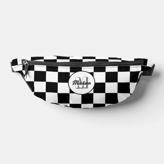 黒市松模様に白の幾何学的レトロモノグラム ファニーパック (レイダウン)
